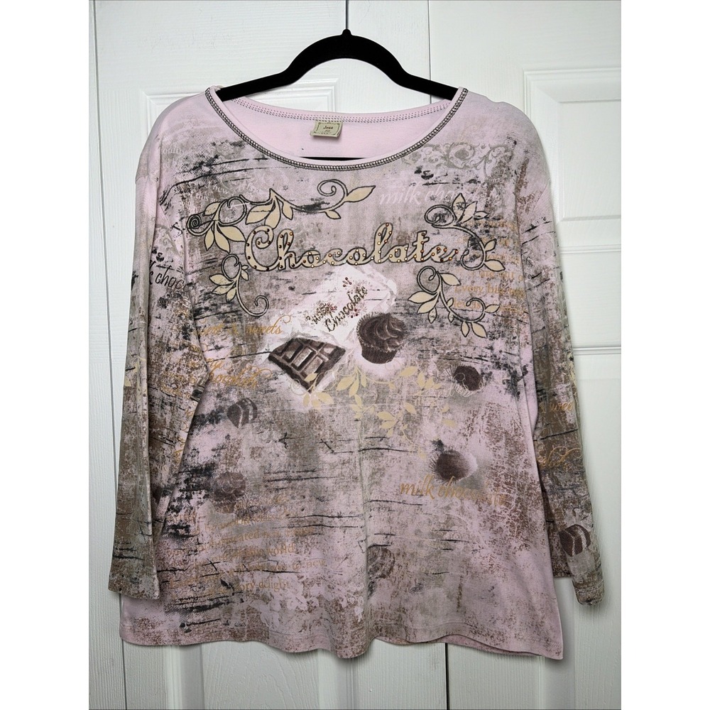 Jess & Jane Chocolate Graphic T-Shirt Womens Size XL Pink Y2K Art To Wear Cotton
